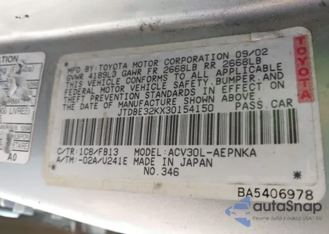 2003 Toyota Camry Le z USA, uszkodzony, nr VIN JTDBE32KX30154150